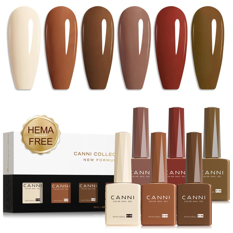 CANNI Brown Nude Gel Nail Polish Set  6 Colors 9ML Beige Chestnut Khaki Skin Tone Taupe Soak Off UV LED Nail Gel Kit for Winter Nude DIY Manicure